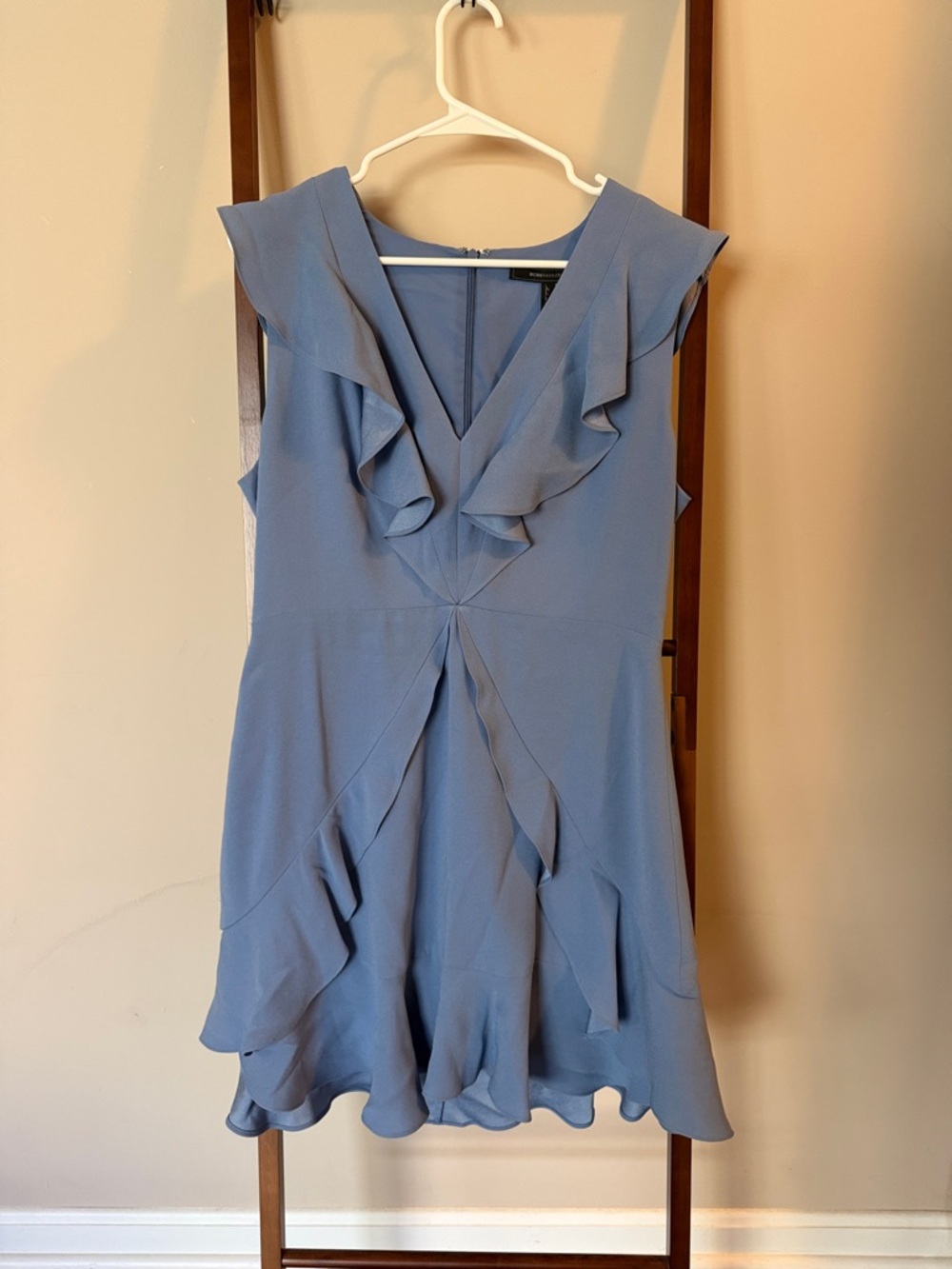 BCBGMaxAzria Dusty Blue Ruffle V-Neck Mini Dress